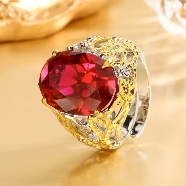 Copper Bottom Gold plated Simulated Blue Spinel Egg shaped Hollow Ring Main Stone Red Corundum - Shop at LoveMi