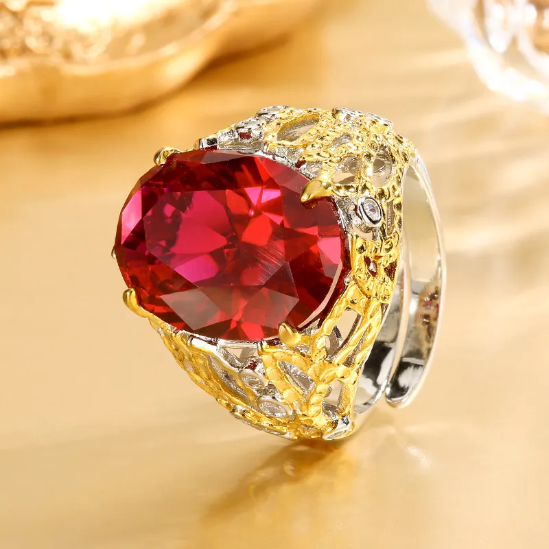 Copper Bottom Gold-plated Simulated Blue Spinel Egg-shaped Hollow Ring Main Stone - Red Corundum