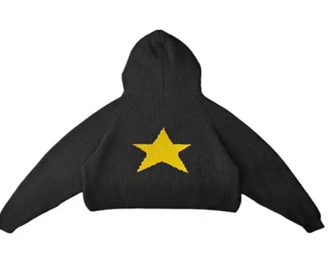 Female Star Sunken Stripe Men's Knitted Long sleeved Hooded Sweater Black - Shop at LoveMi