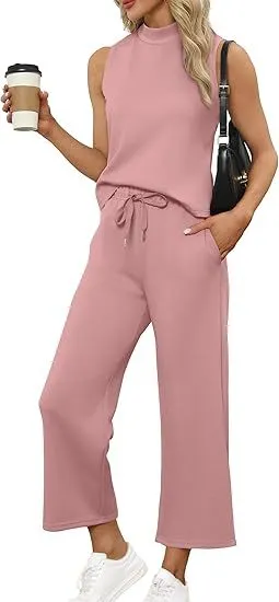 Sleeveless Top Wide Leg Cropped Pants Pink - Shop at LoveMi