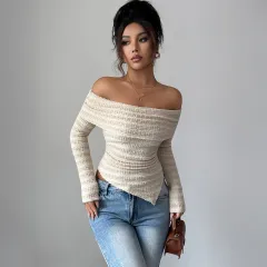 Women's Light Apricot-colored Long-sleeved Off-shoulder T-shirt - Light Apricot - View 1