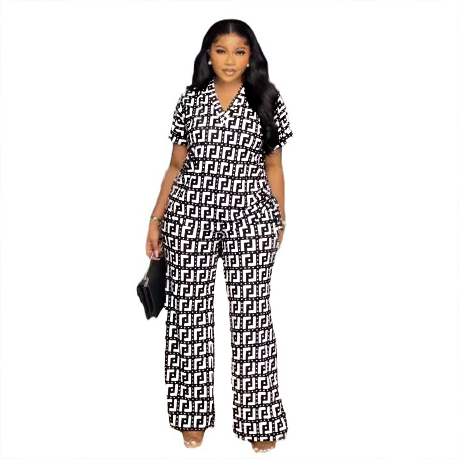 European And American Printed V-neck Pleating Wide Leg Pants Two-piece Set