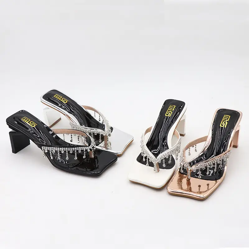 Square Toe Rhinestone High-heeled Outdoor Women's Fashionable Chunky Heel Plus Size Sandals