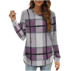 Women's Casual Loose Plaid Long Sleeve Round Neck Irregular Bottoming Shirt Top - Purple - View 1