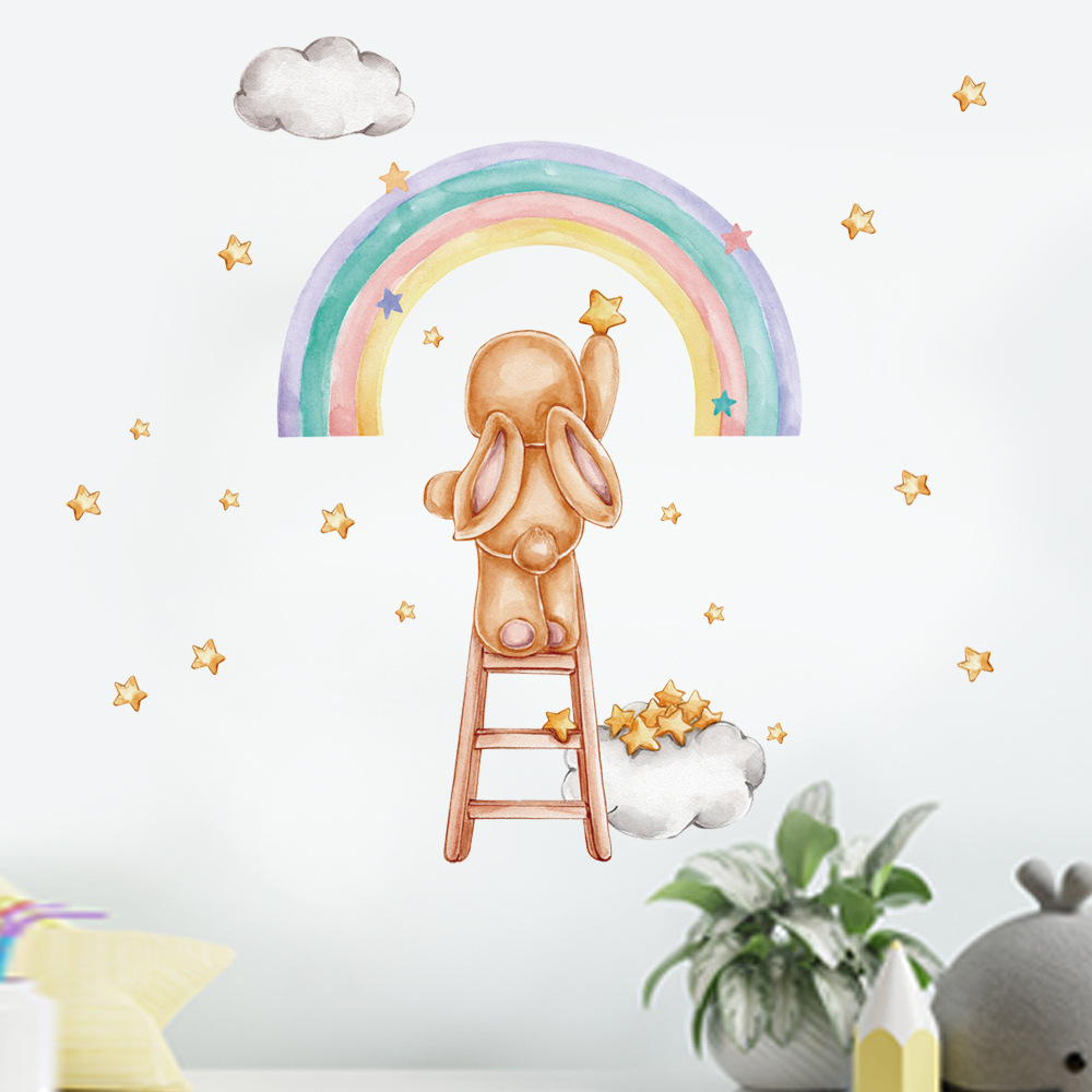 Title 6, Watercolor Rainbow Rabbit Wall Sticker Girl Roo...