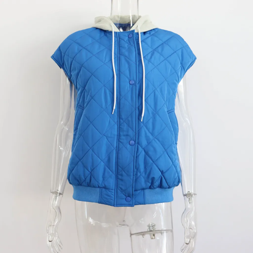 Diamond Lattice Hooded Cotton Sleeveless Jacket Top Vest - Blue