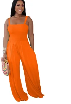 Women's Clothing Solid Color Casual Strap Tube Top Wide Leg Jumpsuit - Orange - View 1