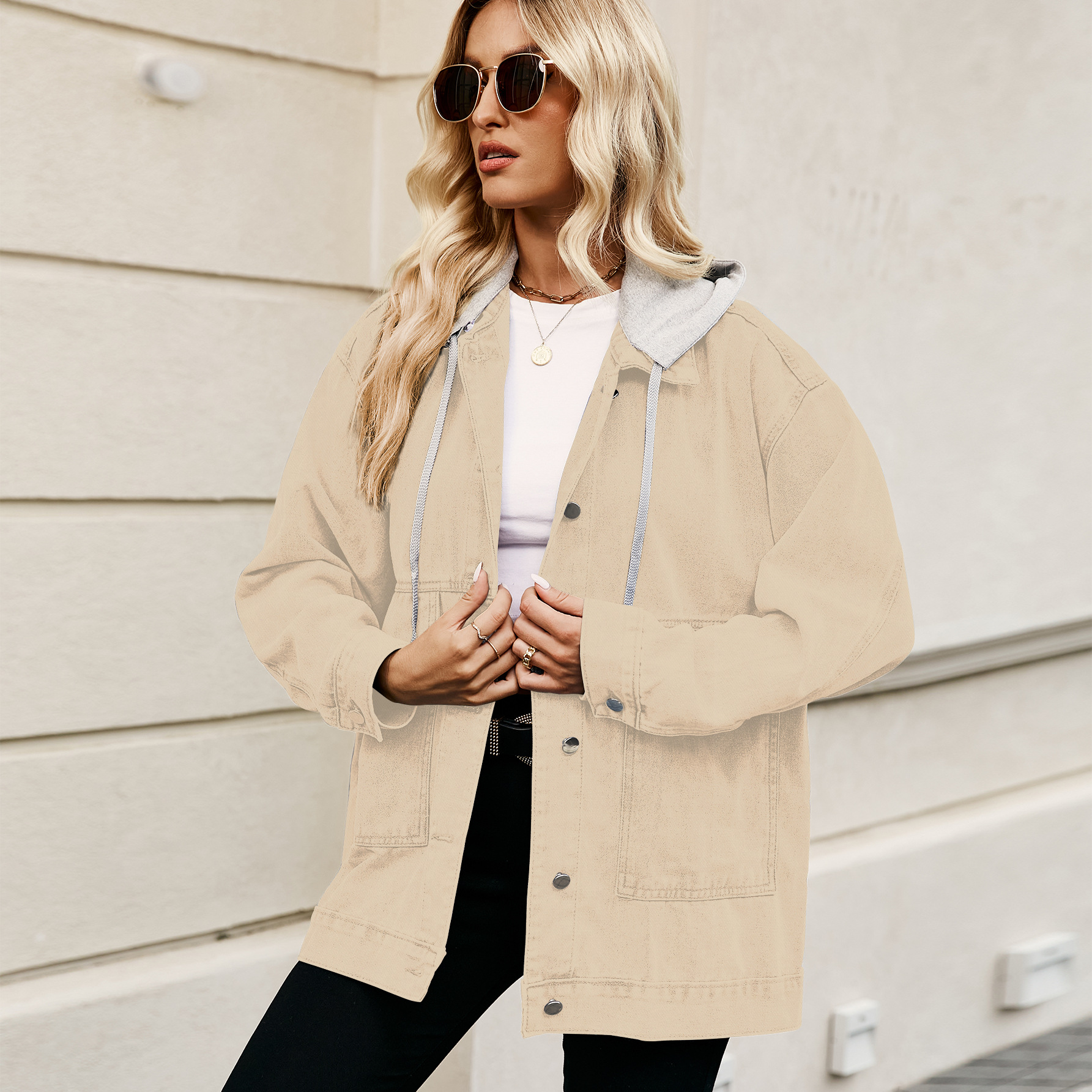 Retro Loose Denim Jacket Top For Women Light Khaki With Cap - Shop at LoveMi