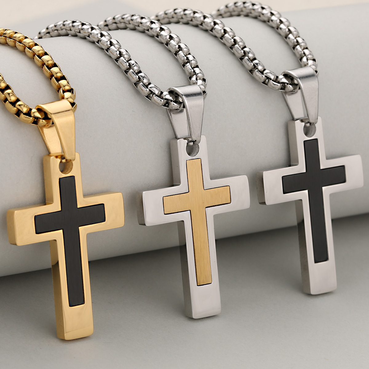 Stainless Steel Cross Color-Block Necklace For Men