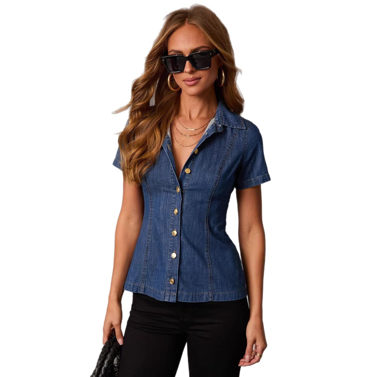 Womens Casual Denim Shirt With Short Sleeves And A Turn-down Collar thumbnail 5