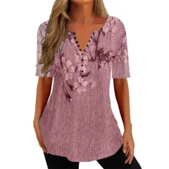 Women's Digital Printed V-neck Button Short-sleeved Top - Trm05-3Xl - View 1
