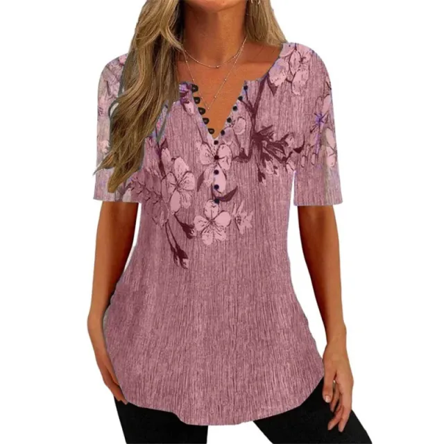 Women's Digital Printed V neck Button Short sleeved Top Trm05 4Xl - Shop at LoveMi