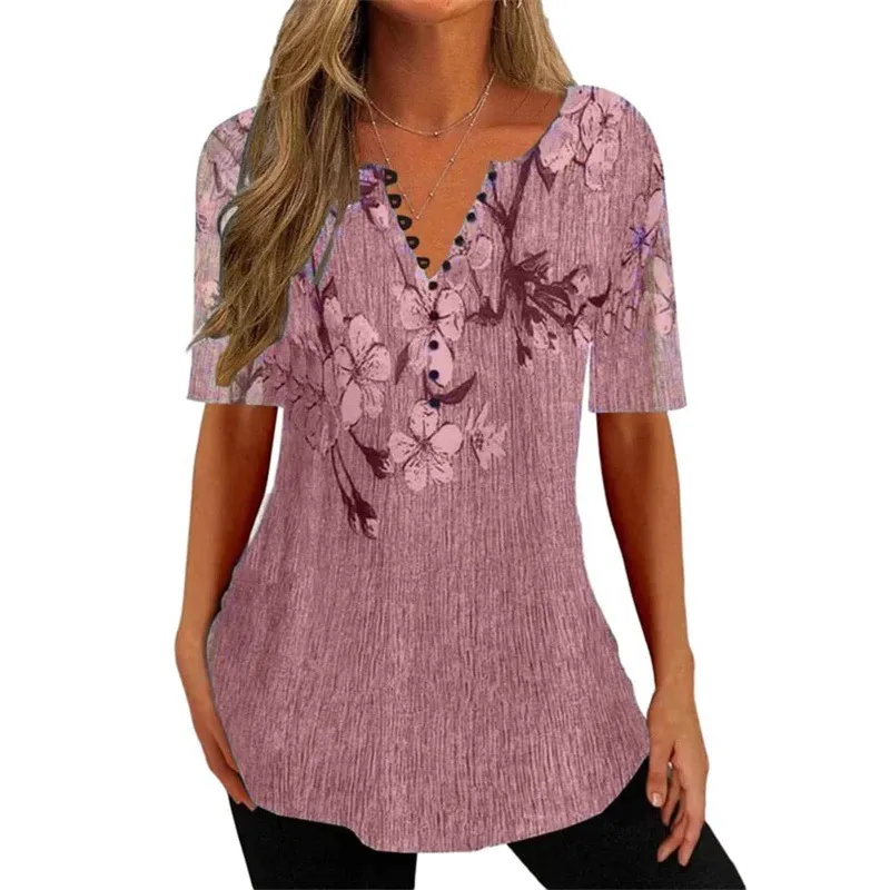 Women's Digital Printed V-neck Button Short-sleeved Top - Trm05-3Xl