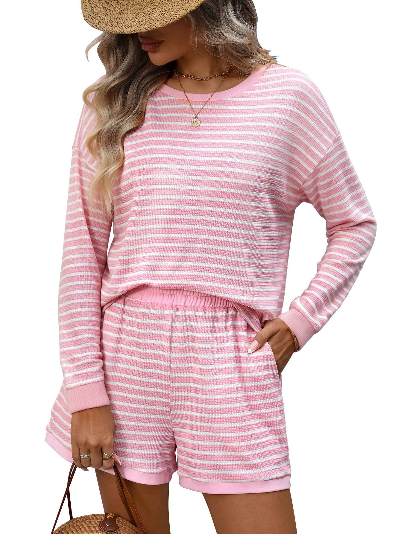 Womens Crew-neck Spliced Long-sleeve Shorts Two-piece Set 6