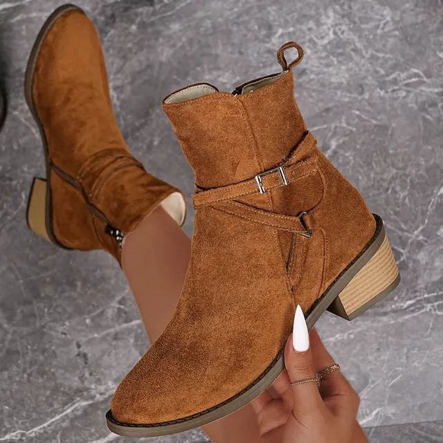 New Cross strap Side Zipper Mid heel Ankle Boots For Women Camel - Shop at LoveMi