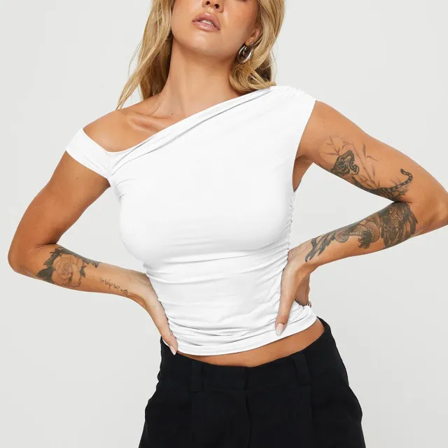 Sexy Oblique Collar Pleated Slim fitting Sleeveless Irregular Top White - Shop at LoveMi
