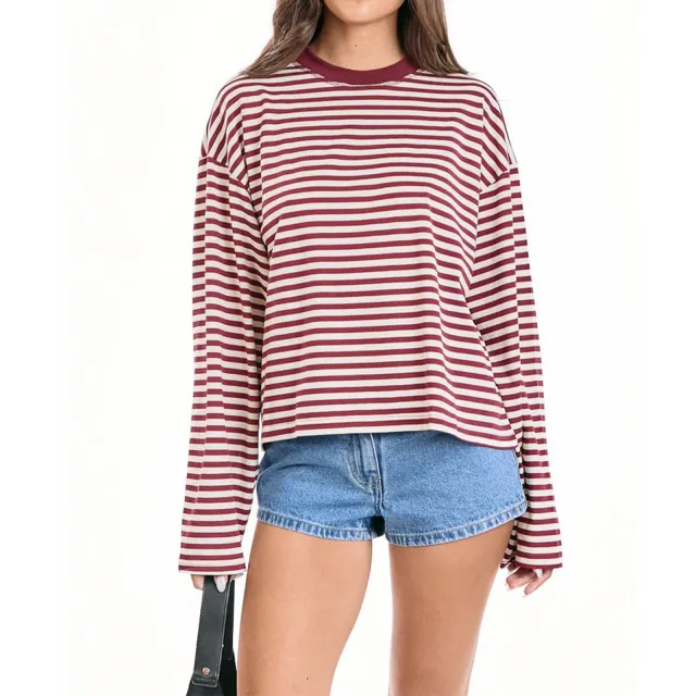 Color blocked Lazy Round neck Cotton Long sleeve Striped T shirt Red - Shop at LoveMi