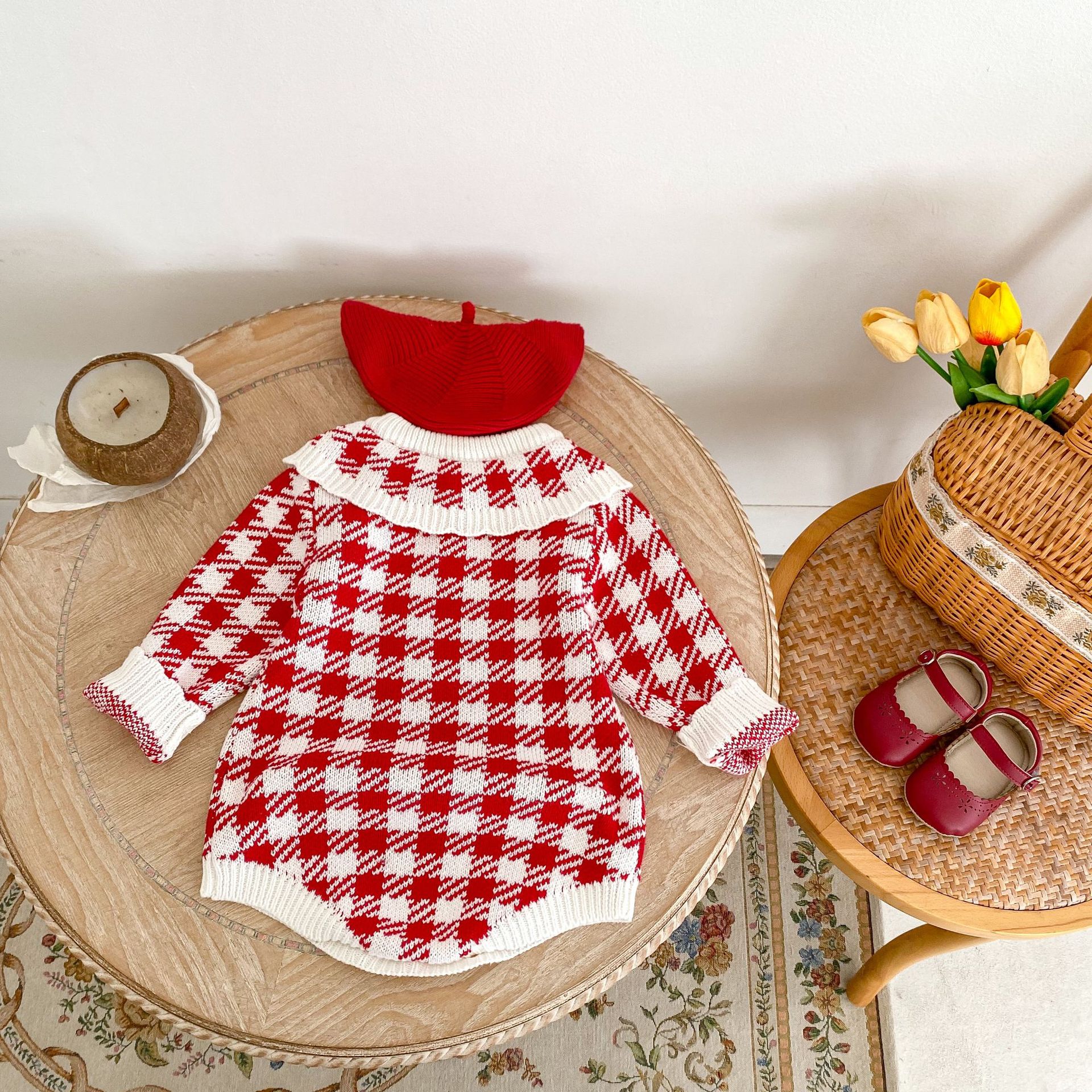 Title 12, Autumn Baby Girl Red Houndstooth Cotton Yarn Kn...