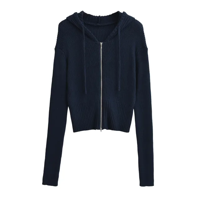 Women's American style Hooded Zipper Knitted Cardigan Early Autumn New Short Navy Blue - Shop at LoveMi