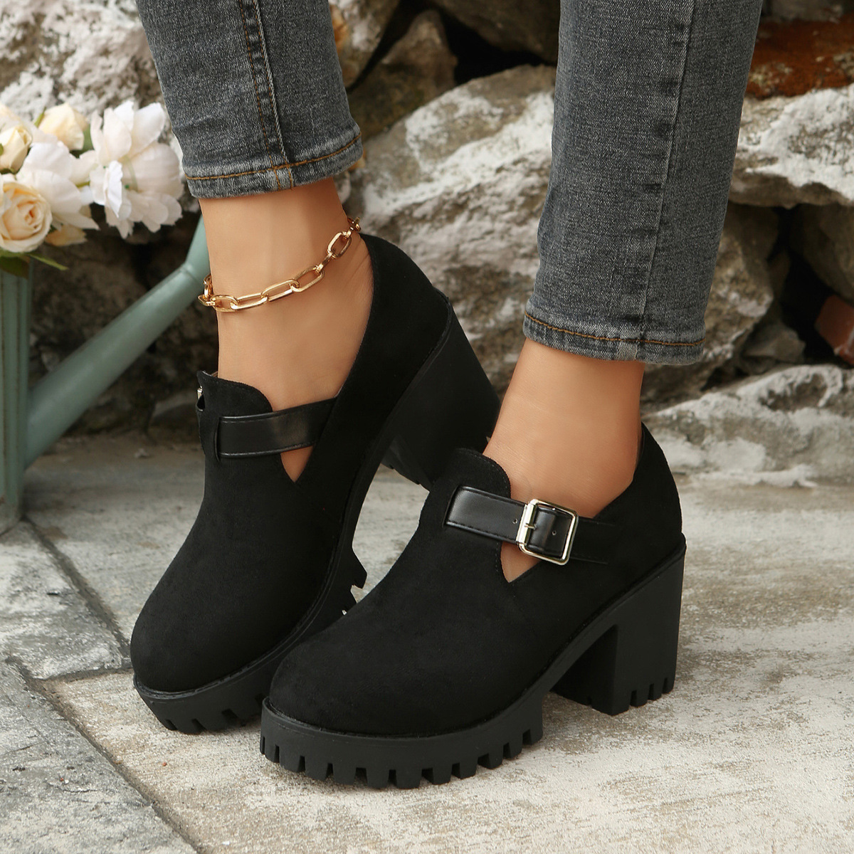 Womens Chunky Thick-soled Suede High Heels