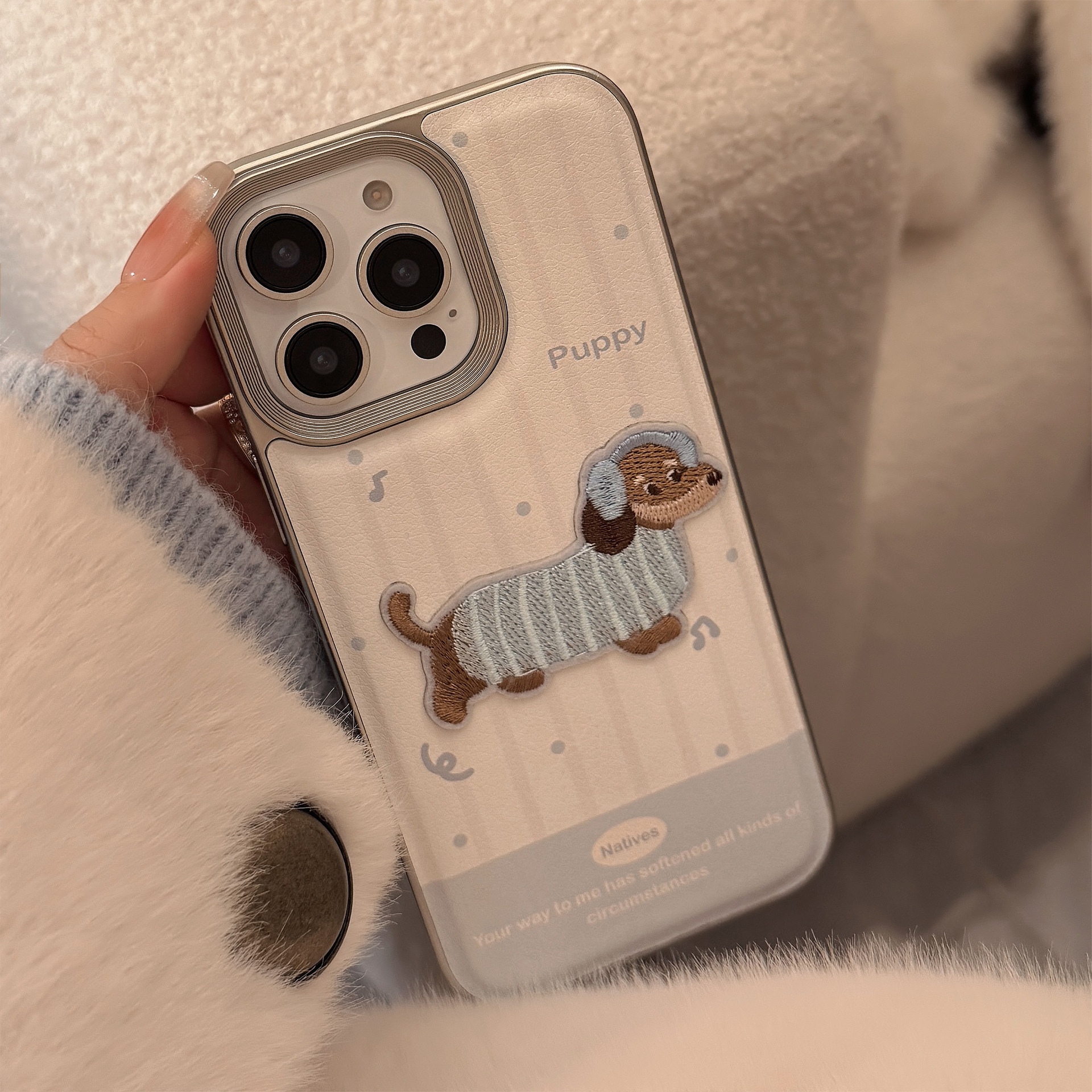 Cute Blue Milk-colored Embroidered Puppy Phone Case With A 3D Leather Design