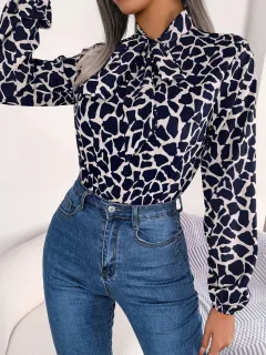 Women's Lantern Sleeve Chiffon Shirt Top - Navy Blue - View 1