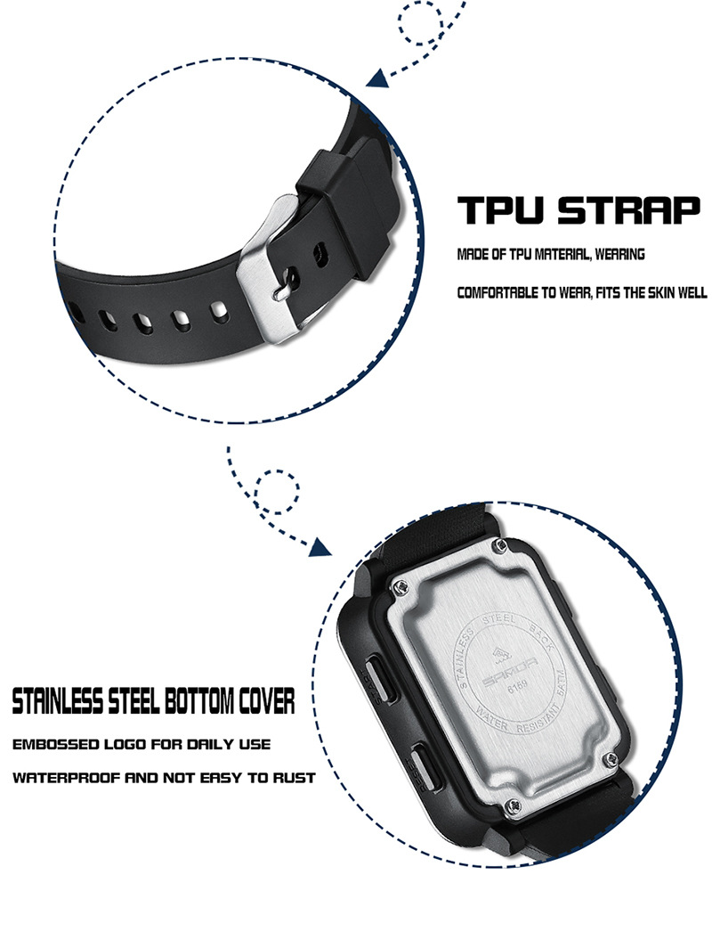 Sanda 6159 Square Stopwatch Multifunctional Waterproof Digital Sports Watch for Men