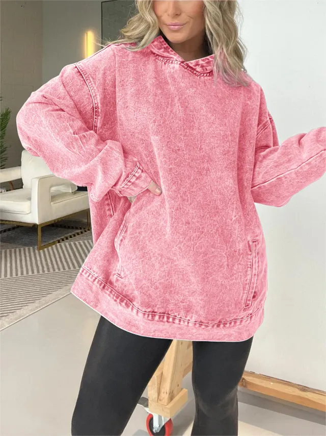 Female Loose Hooded Pullover Denim Hoodie Pink - Shop at LoveMi