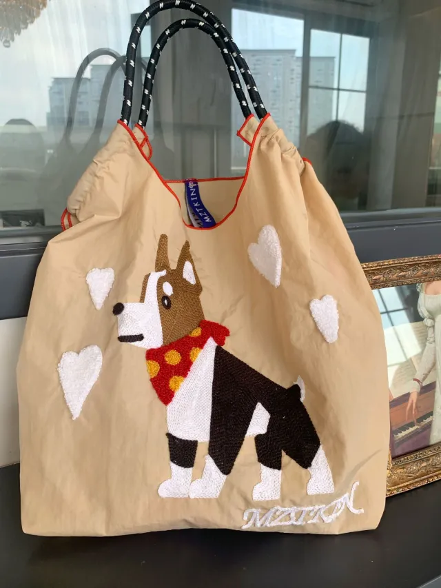 Embroidered Shopping Bag Hand carrying Embroidered Nylon Beige - Shop at LoveMi