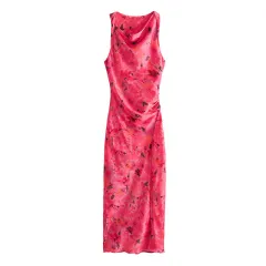 Casual Flower Printed Silk Satin Texture Dress - View 1