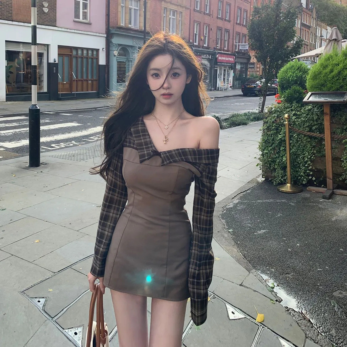 Retro Plaid Patchwork Mock Two-Piece Off-Shoulder Bodycon Mini Skirt