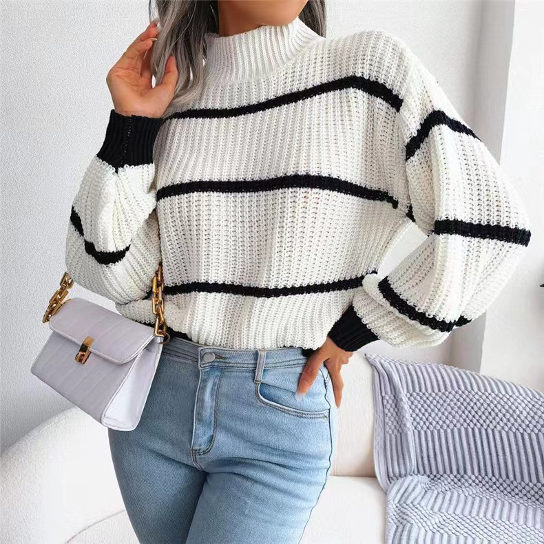 Title 1, Contrast Color Striped Sweater New Half Turtlen...