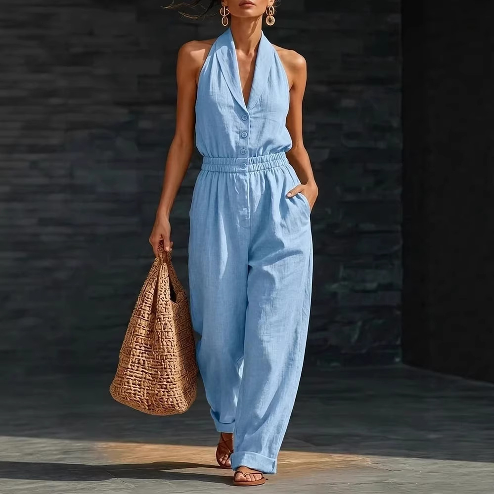 Fashionable Solid-Color Slimming V-Neck Jumpsuit - Image 1
