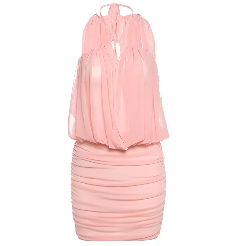 Women's Cross Lace-up Tube Top Vest Mesh Pleats Dress - Pink