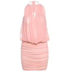 Women's Cross Lace-up Tube Top Vest Mesh Pleats Dress - Pink - View 1