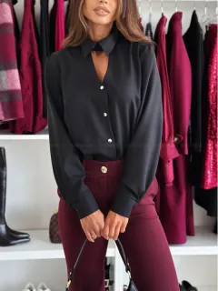 Fashion Button Long Sleeve Shirt For Women - Black - View 1