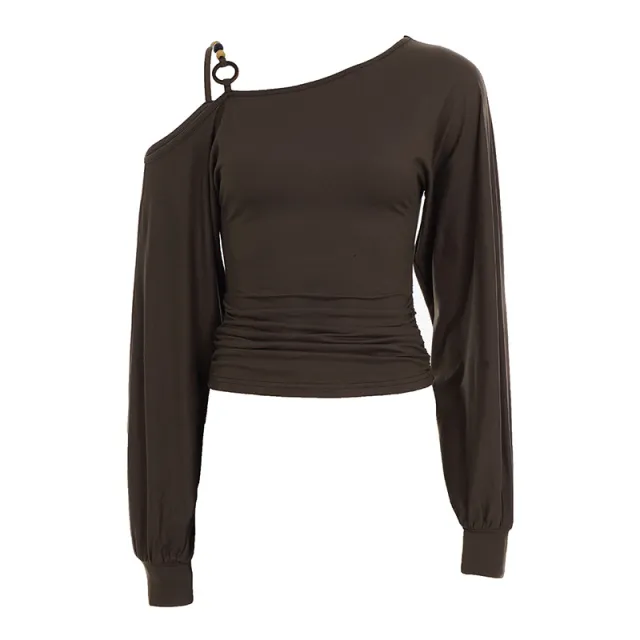 Vintage Off shoulder Beaded strapped Lantern sleeve T shirt Brown - Shop at LoveMi