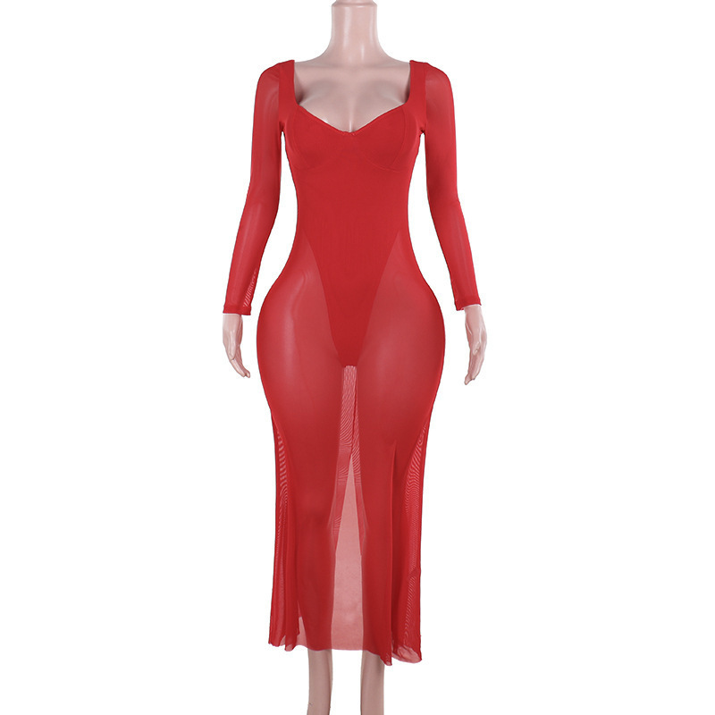 Elegant Simple V-neck Sexy Micro Transparent Back Slit High Waist Dress