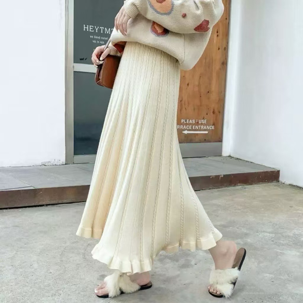 Women's Knitted Mid-length Ruffled Skirt For Fallwinter