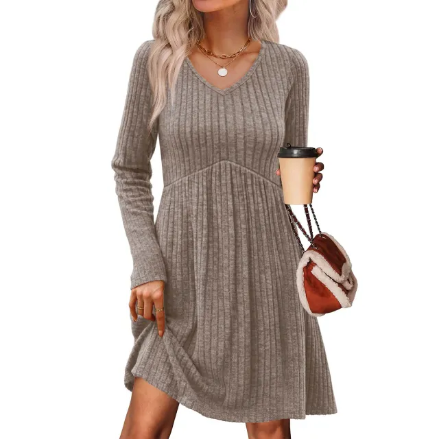 Ribbed, Brushed Back Long Sleeve Casual Pleated Pocket Dress Camel - Shop at LoveMi