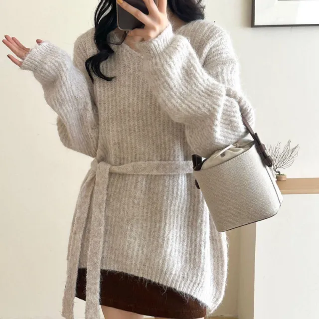 V neck Halter Ribbon Loose And Lazy Style Mid length Sweater Apricot - Shop at LoveMi
