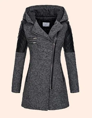 Women Warm Slim Full Zipper Coat Thick Woolen Coat Female Fall Winter Windbreaker Hooded Diagonal Zipper Women's Clothing - Ant Dark Gray