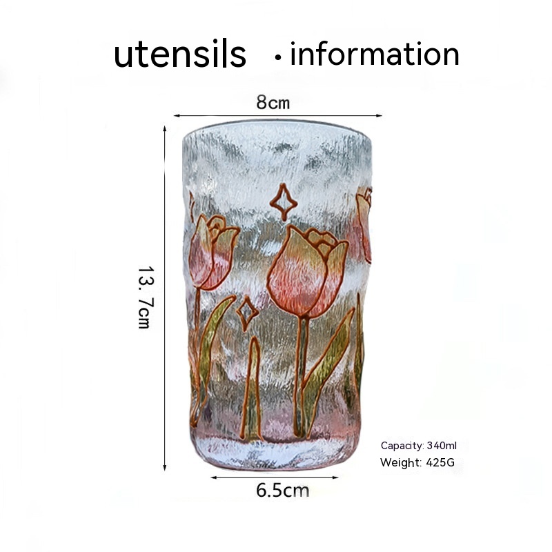 كوب زجاجي مزخرف بنقشة ورود مطلية بالذهب وتصميم مطروق