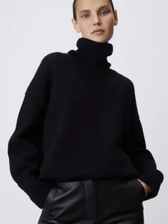Women's Multi-color Turtleneck Solid Color Sweater Loose Pullover Stand Collar - Black - View 1