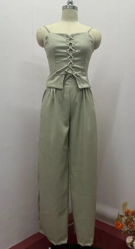 Sexy Hollow Out Strap Top Casual Wide Leg Pants Suit Apricot - Shop at LoveMi