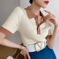 Contrast Colour Polo Collar Ice Silk Knitted Short Sleeve T-shirt Women's Thin Top - Apricot - View 1