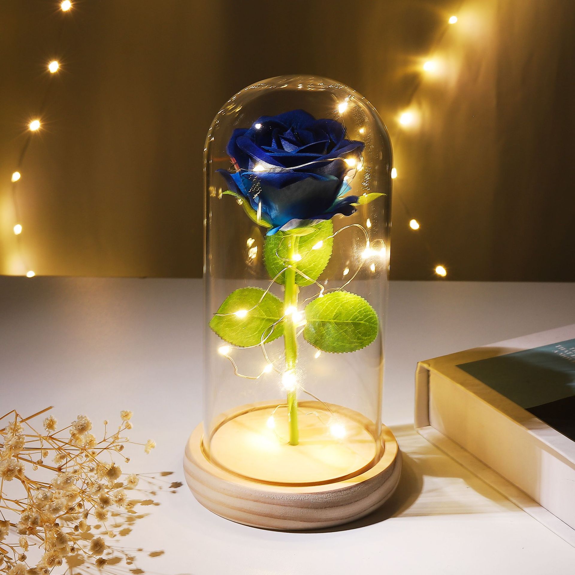 Preserved Flower Glass Dome Artificial Rose Night Light For Christmas