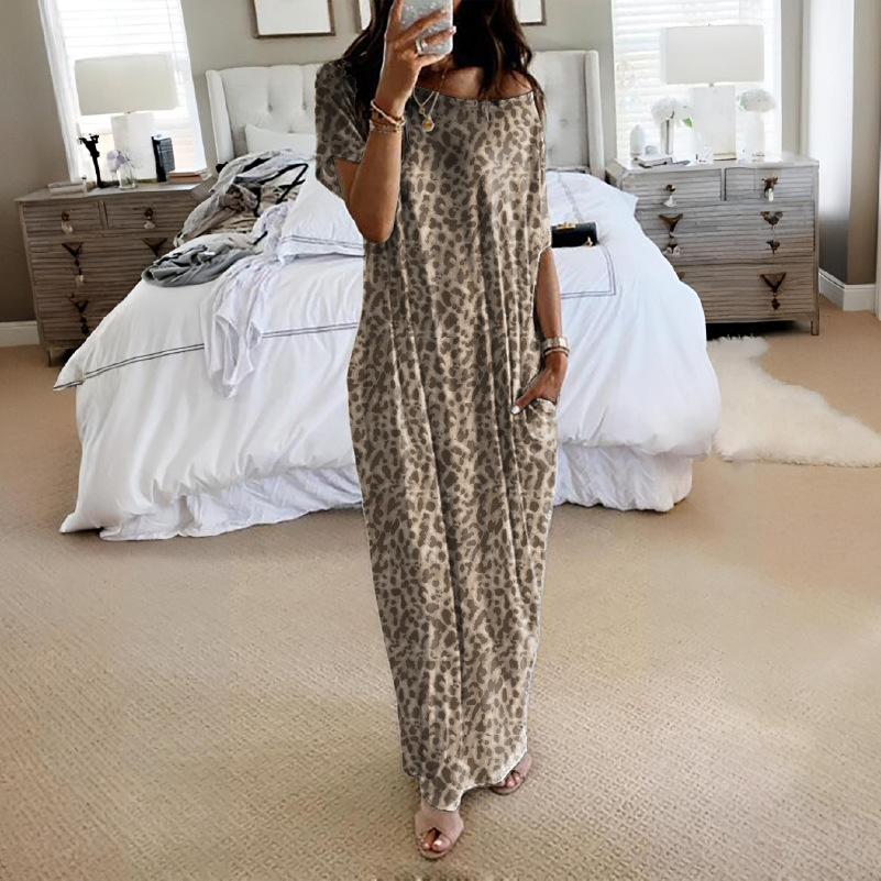Women's Solid Color Short Sleeve And Long Pattern Casual Dress Leopard - Shop at LoveMi