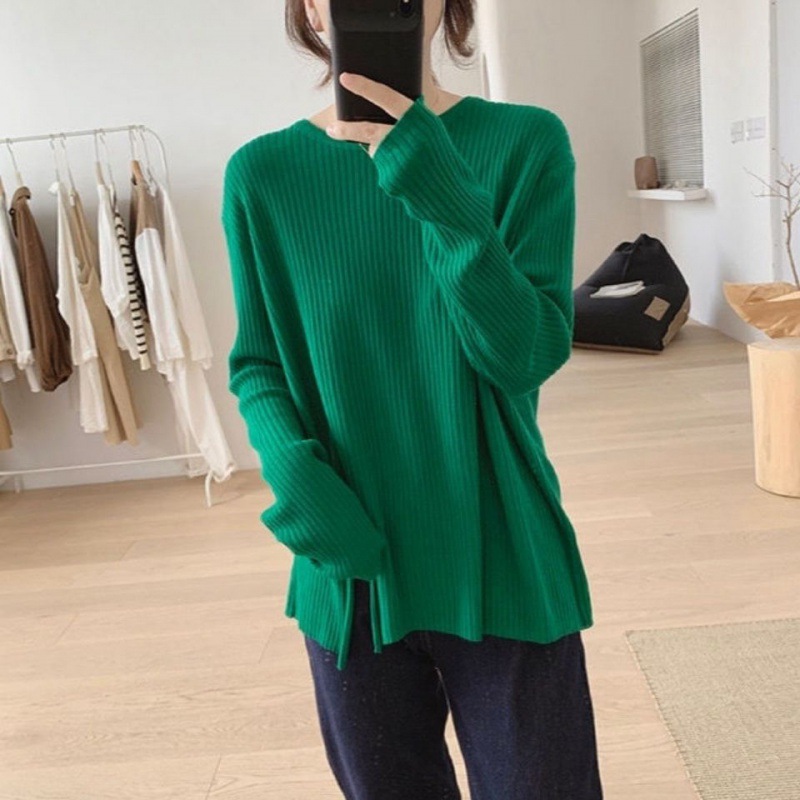 Split Pullover Long Sleeve Cashmere Sweater Green - Shop at LoveMi