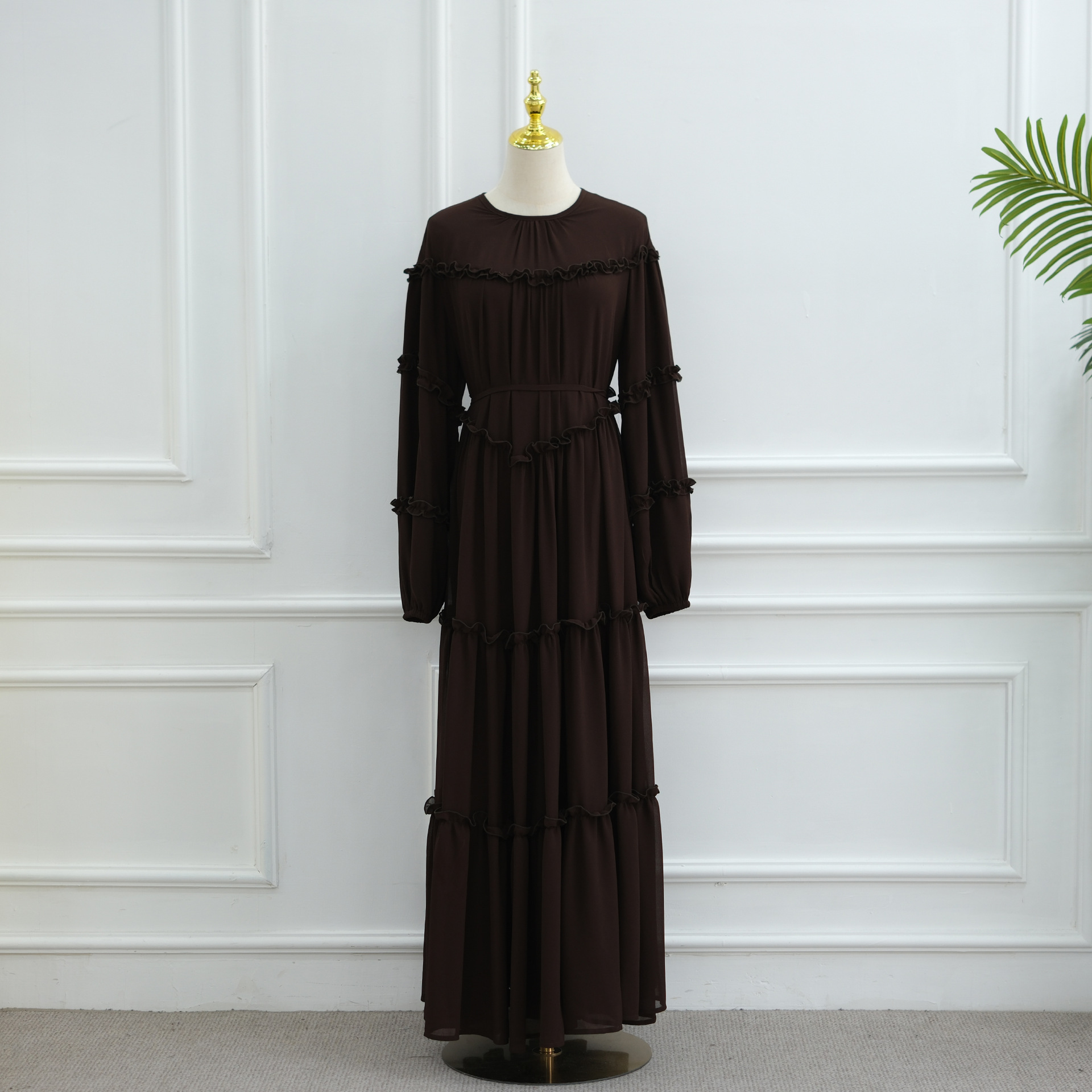Lace-Trim Long-Sleeve Tiered Maxi Dress — product details and sizing image 6